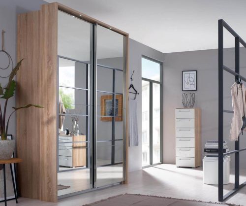 Rauch Ellesse Sonoma Oak Colour Carcase with Alpine White Front 2 Sliding Mirror Door Wardrobe (W136cm)
