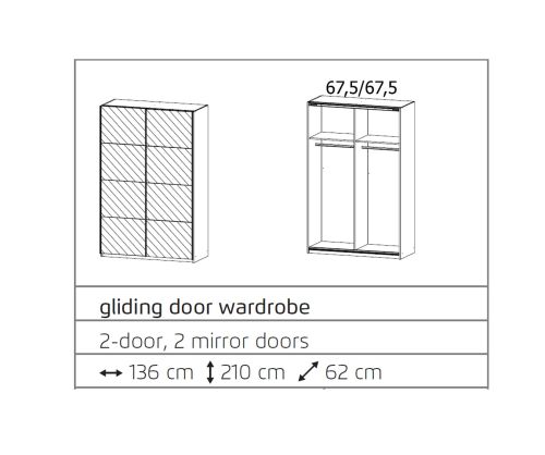 Rauch Ellesse Silk Grey Carcase with Sonoma Oak Colour Front 2 Sliding Mirror Door Wardrobe (W136cm)