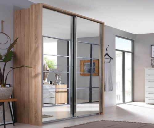 Rauch Ellesse Sonoma Oak Colour Carcase with Sonoma Oak Colour Front Wide 2 Sliding Mirror Door Wardrobe (W226cm)
