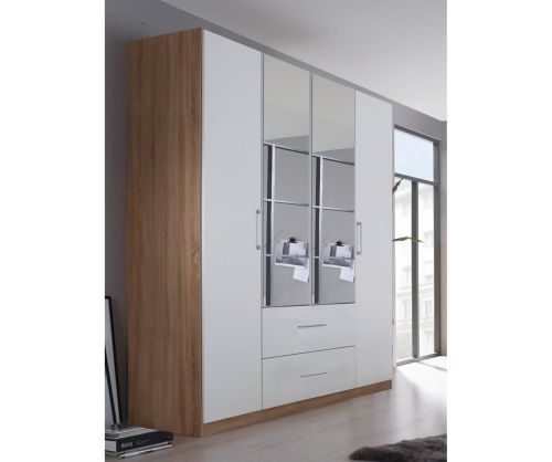 Rauch Ellesse Sonoma Oak Colour Carcase with Alpine White Front 4 Door 2 Mirror Wardrobe with Drawer