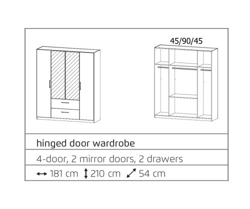 Rauch Ellesse Silk Grey Carcase with Alpine white Front 4 Door 2 Mirror Wardrobe with Drawer
