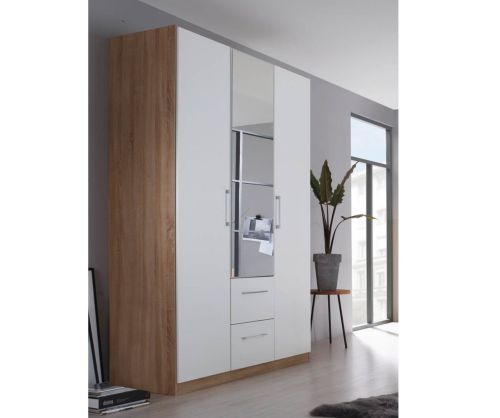 Rauch Ellesse Alpine White Carcase with Sonoma Oak Colour Front 3 Door 1 Mirror Wardrobe with Drawer
