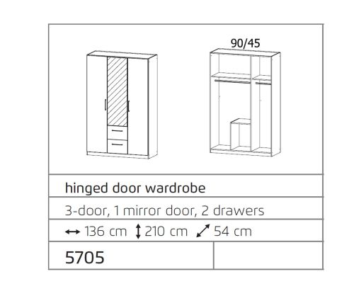 Rauch Ellesse Sonoma Oak Colour Carcase with Silk Grey Front 3 Door 1 Mirror Wardrobe with Drawer