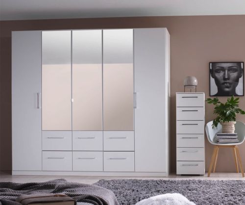 Rauch Ellesse Alpine White Carcase with Silk Grey Front 5 Door 3 Mirror Wardrobe with Drawer