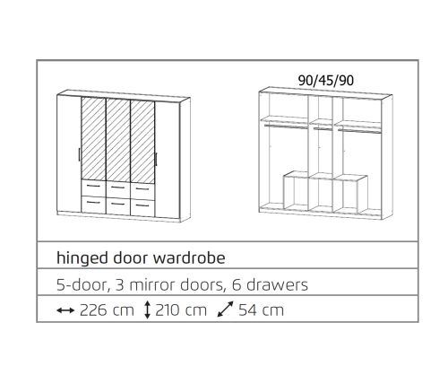 Rauch Ellesse Sonoma Oak Colour Carcase with Alpine White Front 5 Door 3 Mirror Wardrobe with Drawer