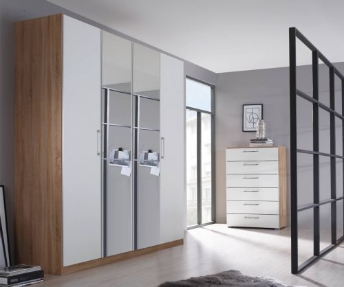 Rauch Ellesse Sonoma Oak Colour Carcase with Alpine White Front 4 Door 2 Mirror Wardrobe
