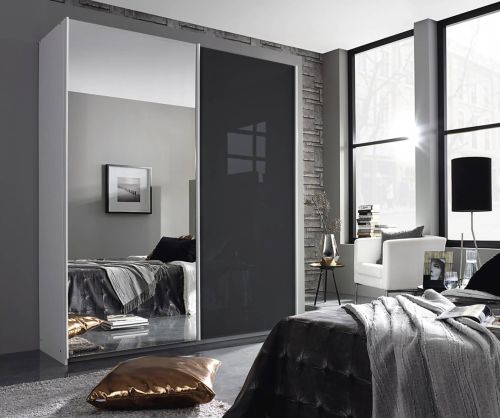 Rauch Essensa Alpine White with Basalt Glass 2 Door 1 Mirror Sliding Wardrobe with Chrome Coloured Handle (W181cm)