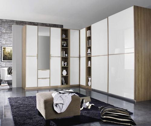 Rauch Essensa Sonoma Oak with White Glass L Shaped Folding Wardrobe with Chrome Coloured Handle (W500cm)