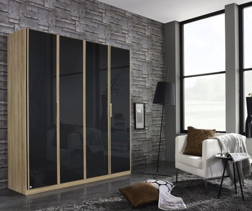 Rauch Essensa Sonoma Oak with Basalt Glass 4 Door Wardrobe with Chrome Coloured Long Handle with Vertical Trims (W181cm)