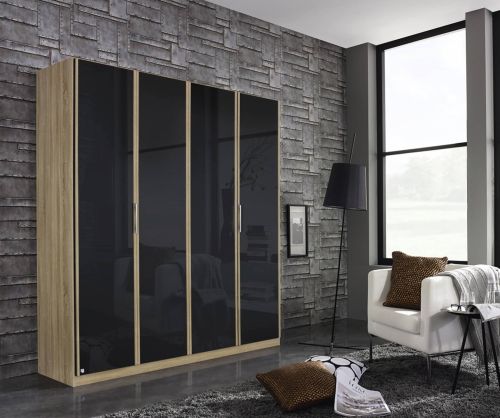 Rauch Essensa Sonoma Oak with Basalt Glass 4 Door Wardrobe with Chrome Coloured Short Handle with Vertical Trims (W181cm)