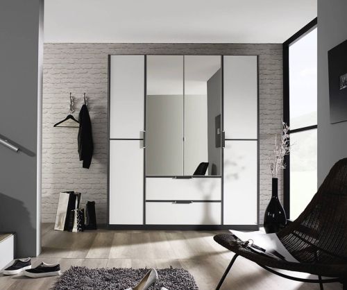 Rauch Essensa Sonoma Oak with Basalt Glass 4 Door 2 Drawer Wardrobe with 2 Mirror with Chrome Coloured Long Handle with Vertical Trims (W181cm)