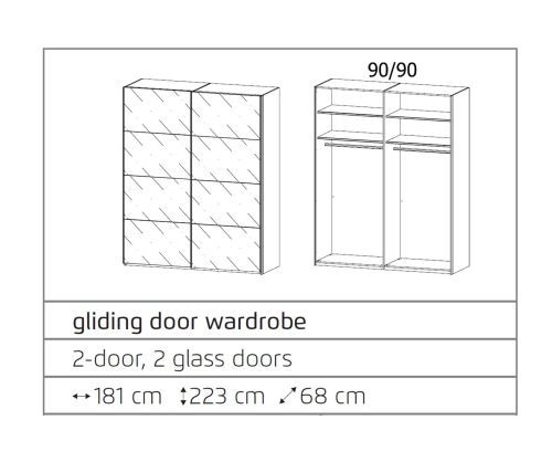 Rauch Filo Silk Grey Carcase with Silk Grey Front 2 Sliding Mirror Door Wardrobe (W181cm)