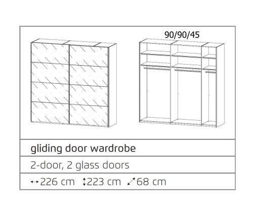 Rauch Filo Graphite Carcase with Graphite Front 2 Sliding Mirror Door Wardrobe (W226cm)