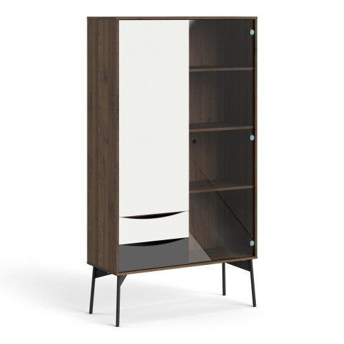 FTG Fur China White, Grey and Walnut 1 Door, 1 Glass Door, 2 Drawer Cabinet