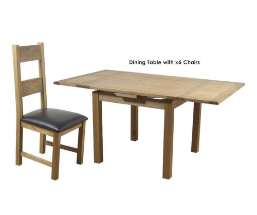 Furniture Link Hampshire Solid Oak Square Draw Leaf Extending Dining Set with 6 Padded Seat Chairs - 90cm-160cm
