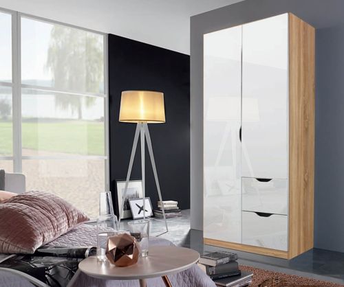 Rauch Arnstein Artisan Oak Colour Carcase with High Polish White Front 2 Door 2 Drawer Combi Wardrobe