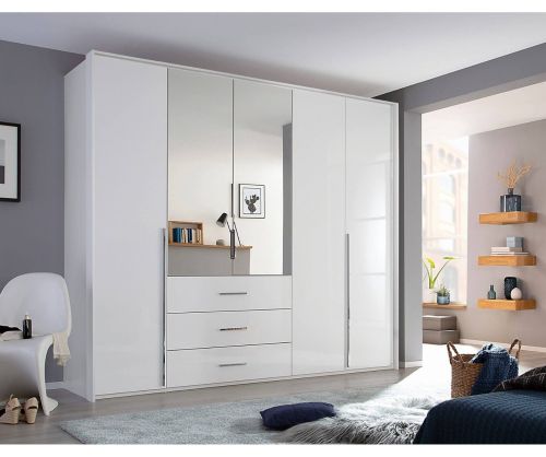Rauch Montclar Alpine White Carcase with High Polish White Front 5 Door 2 Mirror Combi Wardrobe with Drawers