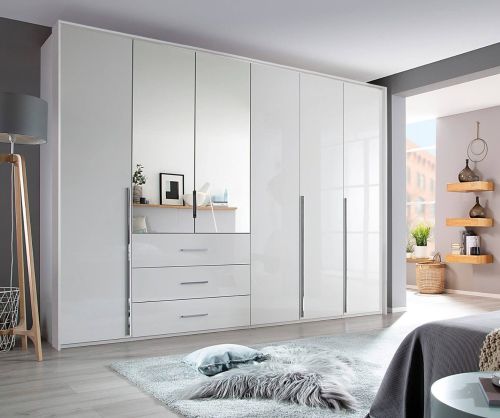Rauch Montclar Alpine White Carcase with High Polish White Front 6 Door 2 Mirror Combi Wardrobe with Drawers