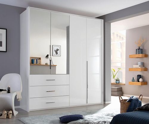 Rauch Montclar Alpine White Carcase with High Polish White Front 4 Door 2 Mirror Combi Wardrobe with Drawers