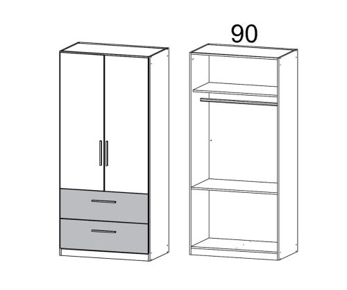 Rauch Alvor Sonoma Oak Carcase with Metallic Grey Front 2 Door 2 Drawer Combi Wardrobe (W91cm)