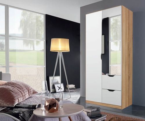 Rauch Arnstein Sonoma Oak Colour Carcase with White Front 2 Door 1 Mirror Combi Wardrobe with Drawer