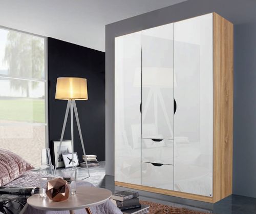 Rauch Arnstein Sonoma Oak Colour Carcase with High Polish White Front 3 Door 2 Drawer Combi Wardrobe
