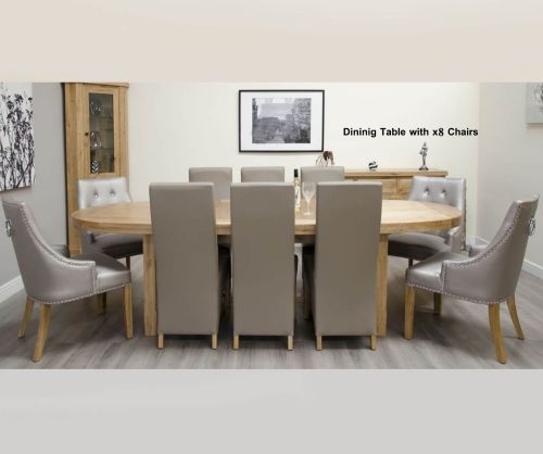 Homestyle GB Deluxe Oak Super Oval Extending Dining Set with 8 Marjukka Stone Chairs - 210cm-290cm