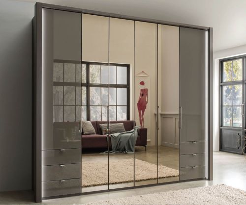 Wiemann Kansas 6 Door 6 Drawer Wardrobe with Havana Glass Front and 4 Centre Crystal Mirror - W 250cm
