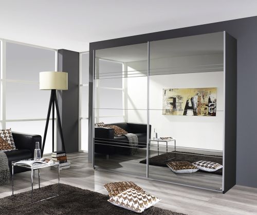Rauch Koblenz Metallic Grey 2 Door Sliding Wardrobe with Mirror and Mirror Groove Cutting Application (W 181cm)