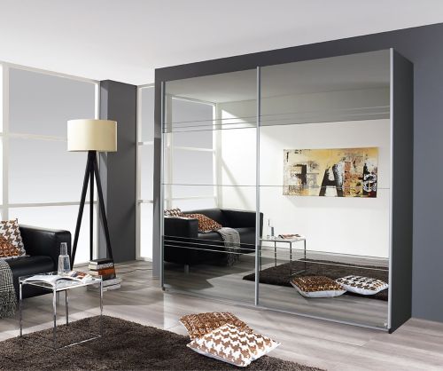 Rauch Koblenz Metallic Grey 2 Door Sliding Wardrobe with Mirror and Mirror Groove Cutting Application (W226cm)