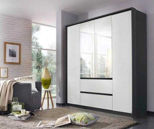 Rauch Mainz Metallic Grey Carcase with Alpine White Front 4 Door 2 Mirror Combi Wardrobe with Drawers