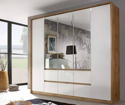 Rauch Mainz Wotan Oak Colour Carcase with Alpine White Front 5 Door 3 Mirror Combi Wardrobe with Drawers
