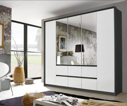 Rauch Mainz Metallic Grey Carcase with Alpine White Front 5 Door 3 Mirror Combi Wardrobe with Drawers