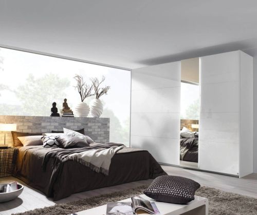 Rauch Miramar Alpine White Carcase with Crystal White Glass Front 2 Door 1 Mirror Sliding Wardrobe(W181cm)