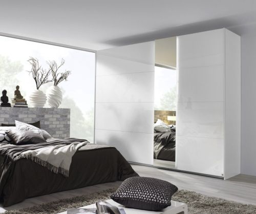 Rauch Miramar Alpine White Carcase with Crystal White Glass Front 2 Door 1 Mirror Sliding Wardrobe(W226cm)