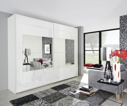 Rauch Miramar Alpine White Carcase with Crystal White Glass 2 Sliding Middle Mirror Door wardrobe(W226cm)
