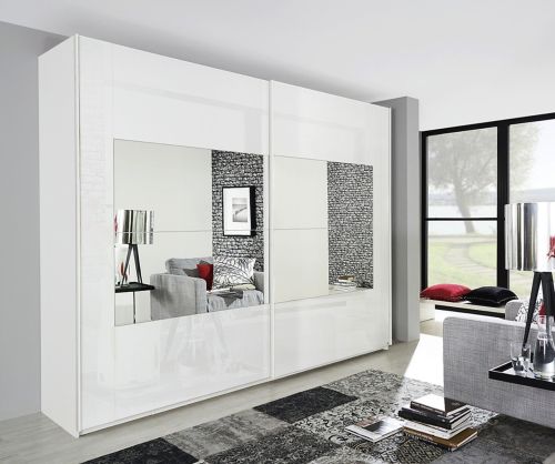 Rauch Miramar Alpine White Carcase with Crystal White Glass 2 Sliding Middle Mirror Door Wardrobe(W271cm)