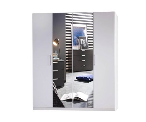Rauch Miramar Alpine White Carcase with Crystal White Glass Front 4 Door 2 Mirror Wardrobe