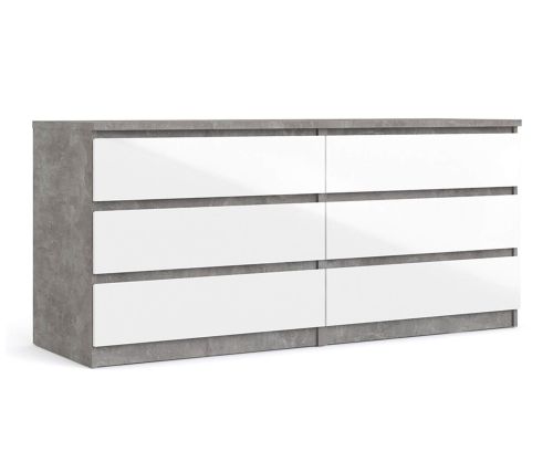 FTG Naia Concrete and White High Gloss (3+3) 6 Drawer Wide Chest