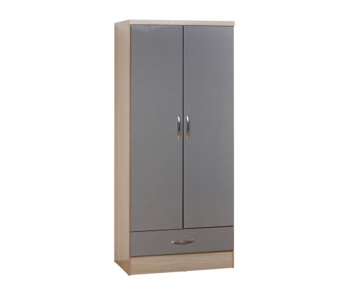 Seconique Nevada Grey High Gloss 2 Door 1 Drawer Wardrobe