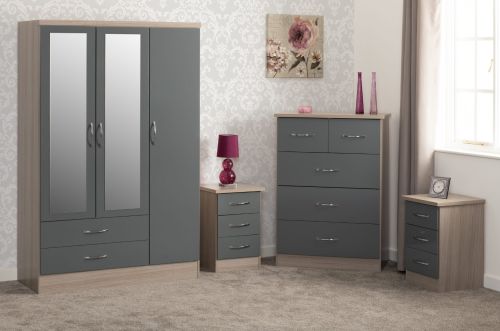Seconique Furniture Nevada Grey Gloss and Light Oak Effect Veneer 3 Door 2 Drawer Mirrored Wardrobe Bedroom Set