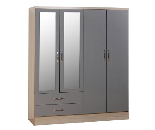 Seconique Nevada Grey High Gloss 4 Door 2 Drawer Mirrored Wardrobe