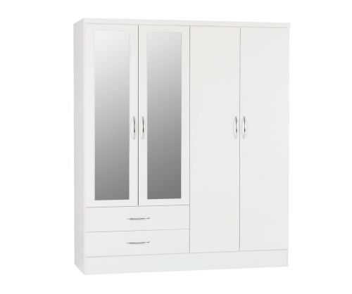 Seconique Nevada White Gloss 4 Door 2 Drawer Wardrobe