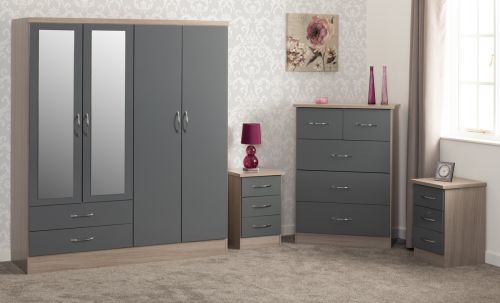 Seconique Furniture Nevada Grey Gloss and Light Oak Effect Veneer 4 Door 2 Drawer Mirrored Wardrobe Bedroom Set