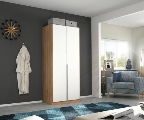 Rauch Alabama Artisan Oak Carcase with High Polish White Front 2 Door Hinged Wardrobe