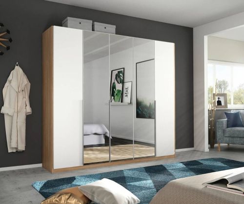 Rauch Alabama Sonoma Oak Carcase with High Polish White Front 5 Door 3 Mirrors Wardrobe