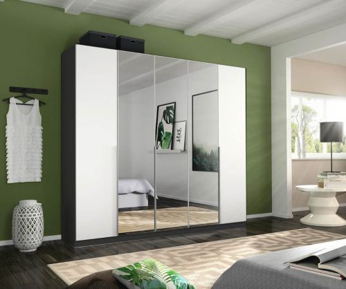 Rauch Alabama Metallic Grey Carcase with High Polish White Front 5 Door 3 Mirrors Wardrobe
