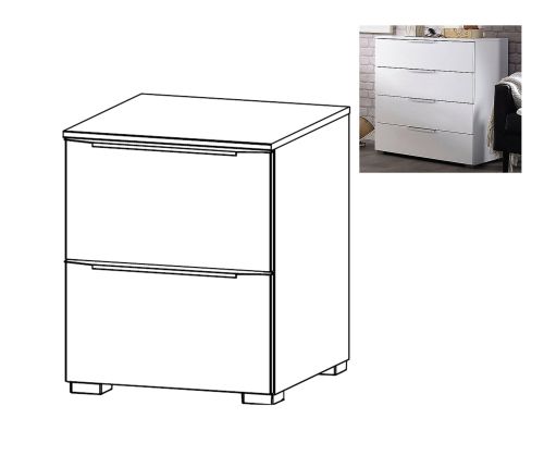 Rauch Aldono Deluxe Alpine White Carcase with Crystal White Glass Front 2 Drawer Bedside Table- W 40cm