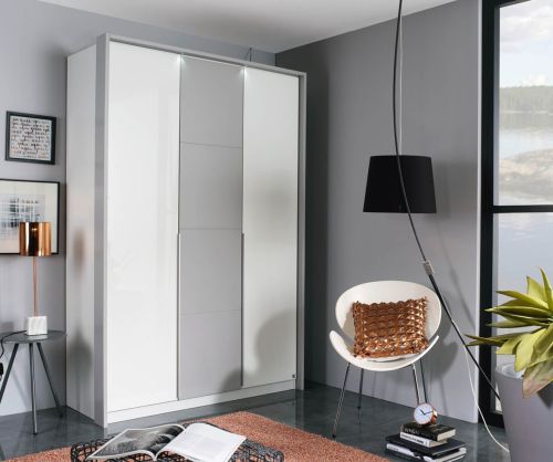 Rauch Bellezza Alpine White with High Polish White 3 Door Wardrobe with Silk Grey Application (W141cm)