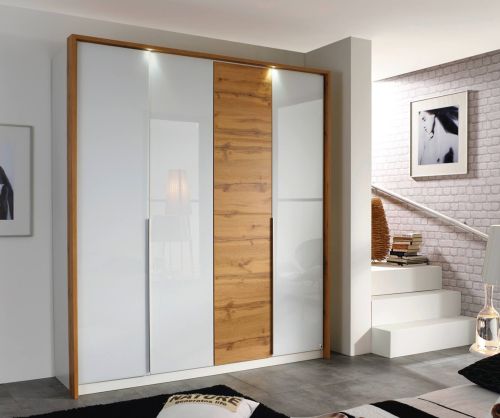 Rauch Bellezza Alpine White with High Polish White 4 Door Wardrobe with Wotan Oak Application (W185cm)